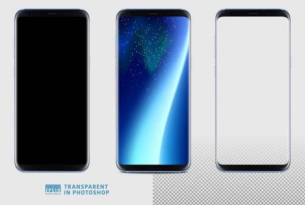 Modello smart phone blu impostato con schermo trasparente — Vettoriale Stock