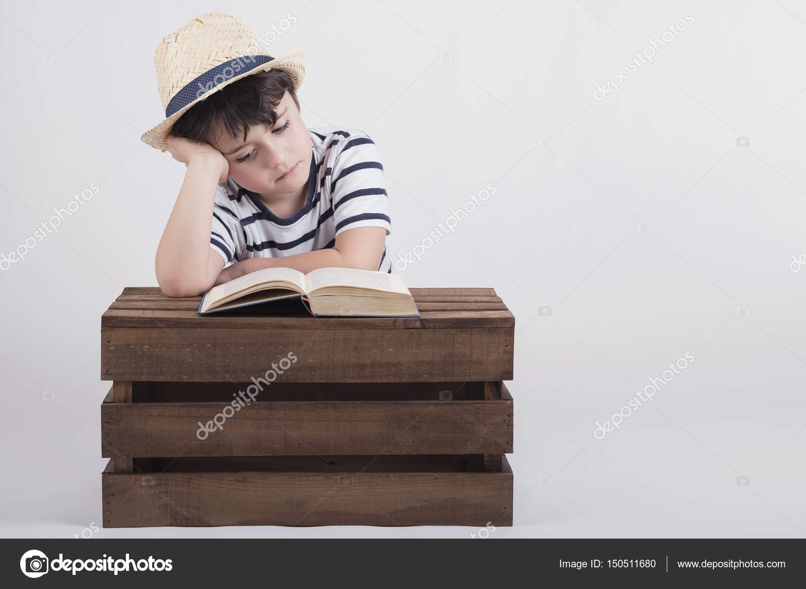 Boy Read A Book Sitting In Wooden Box Stock Photo Esthermm Boy Read A Book Sitting In Wooden Box Stock Image