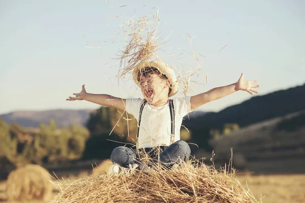 Kid spelar i vetefält — Stockfoto