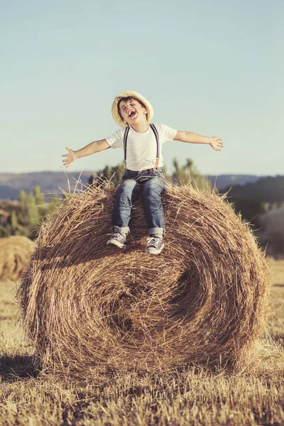 Criança brincando no campo de trigo — Fotografia de Stock