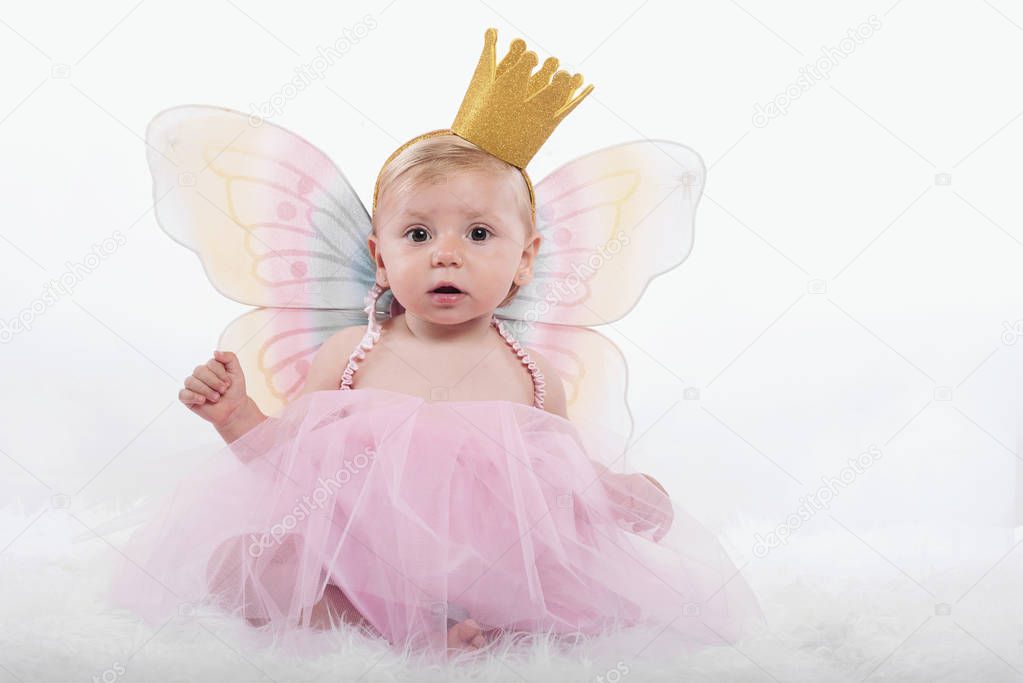 Baby girl in princess costume and pink tutu and Wings