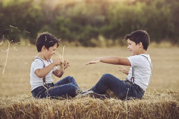 Hermanos jugando con paja — Foto de Stock