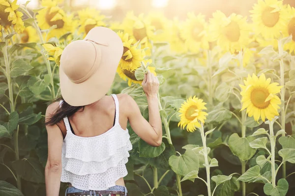 Flicka i fält av solrosor — Stockfoto