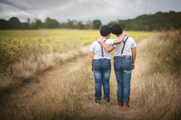 Brothers embracing in the field — Stock Photo, Image