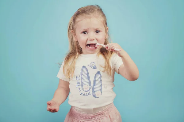 Little Girl Toothbrush Blue Background — Stock Photo, Image