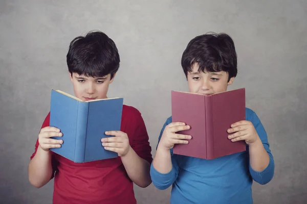 Niños Leyendo Libro Sobre Fondo Gris —  Fotos de Stock