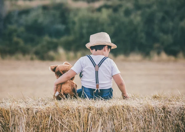 Boy objímání teddy bear pšeničné pole — Stock fotografie