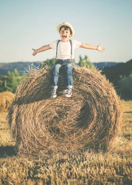 Glückliches Kind beim Spielen im Weizenfeld — Stockfoto