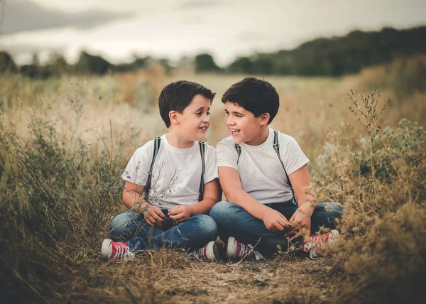 Sonrientes Hermanos Sentados Campo Aire Libre — Foto de Stock