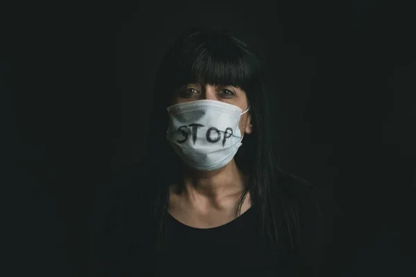 Stop Violence Scared Woman Wearing Medical Mask Coronavirus Victim Domestic — Stock Photo, Image