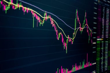 Mum çubuk grafik grafik yatırım borsa işlem hacmi, boğa noktası, EUR'daki aşağı hareket noktası. grafik eğilim