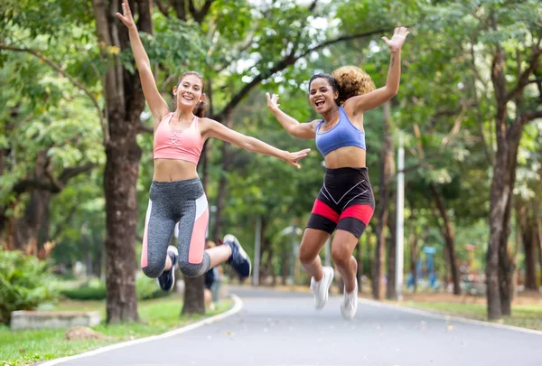 sport women enjoy exercise together at outdoor, friendship concept
