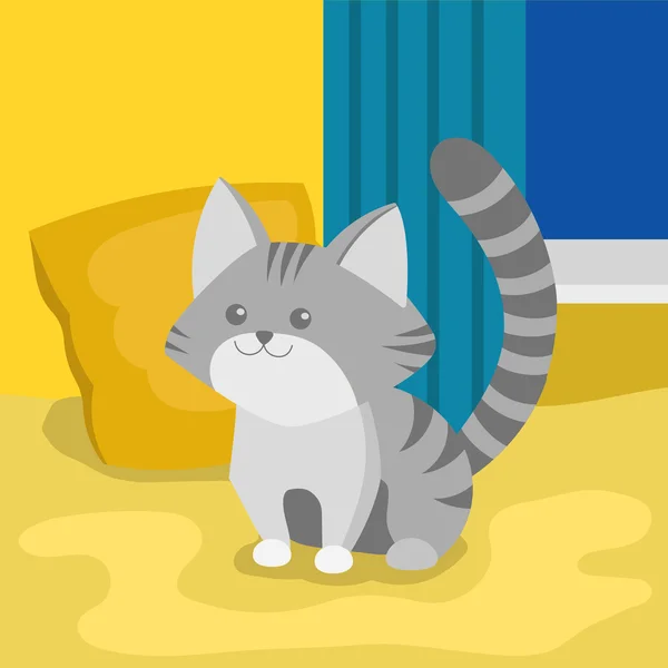 Gatito feliz en casa ilustración vector de dibujos animados — Vector de stock