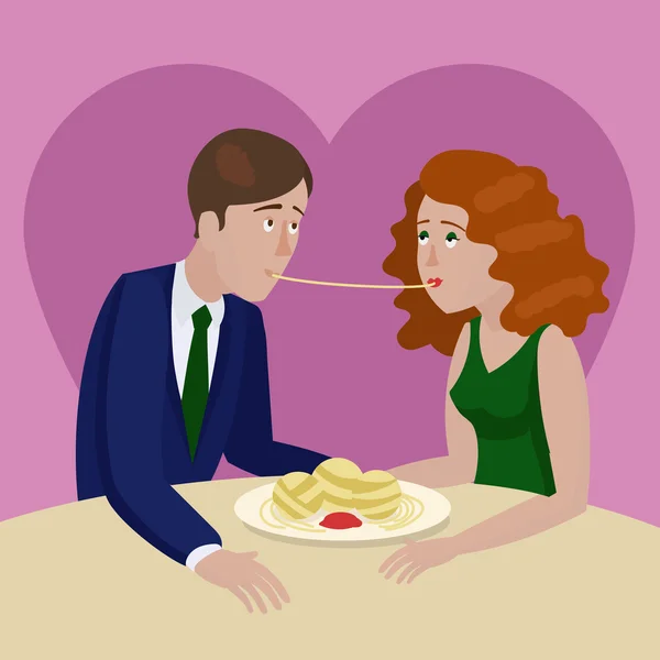 Casal apaixonado comer espaguete em um vetor de data — Vetor de Stock