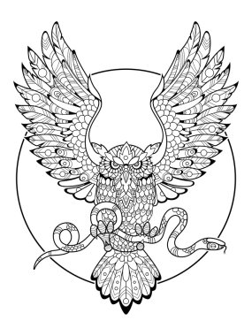 Owl with snake coloring book for adults vector vector