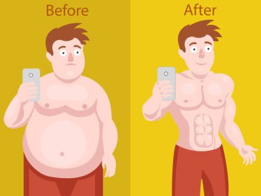 Selfie önce ve sonra kilo kaybı yapan şişman erkek