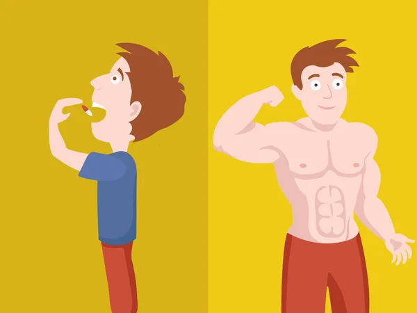 Man swallows the pill and become muscular vector — Stock Vector