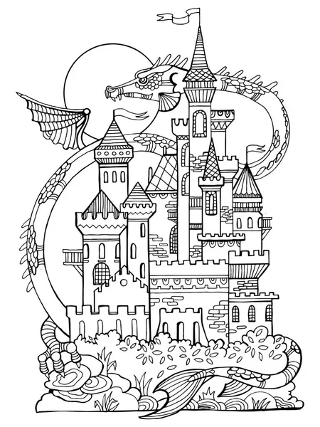 Castelo e dragão vetor livro de colorir — Vetor de Stock