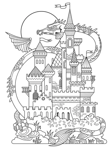 Castillo y dragón para colorear libro vector — Vector de stock