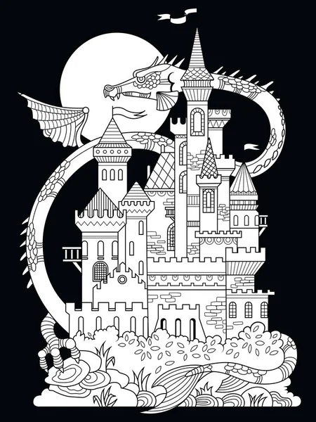 Castillo y dragón para colorear libro vector — Vector de stock