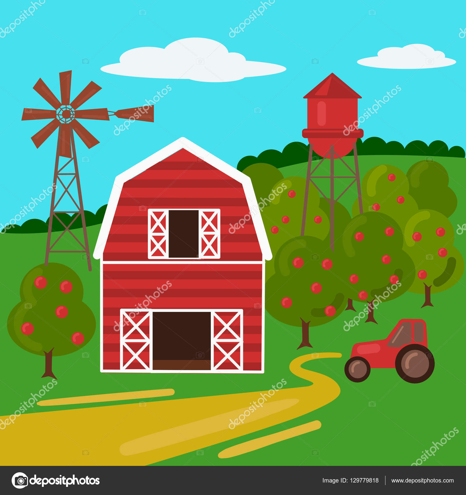 Farm landscape with barn tractor and windmill Stock Vector Image by ©AlexanderPokusay #129779818 Farm landscape with barn tractor and windmill Stock Vector Image by ©AlexanderPokusay #129779818