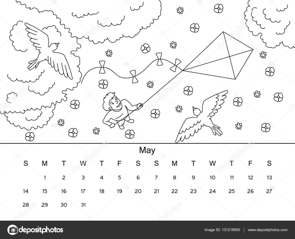 Maggio calendar con immagine libro da colorare Disegno in bianco e nero Disegnato a mano del fumetto — Vettoriali di AlexanderPokusay