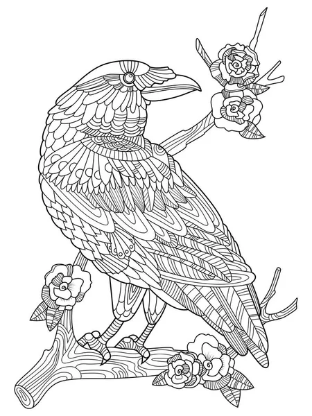 Libro para colorear de aves de cuervo para adultos vector — Vector de stock