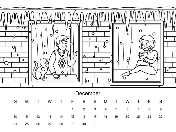 Calendario con ilustración de vectores de libros para colorear — Vector de stock