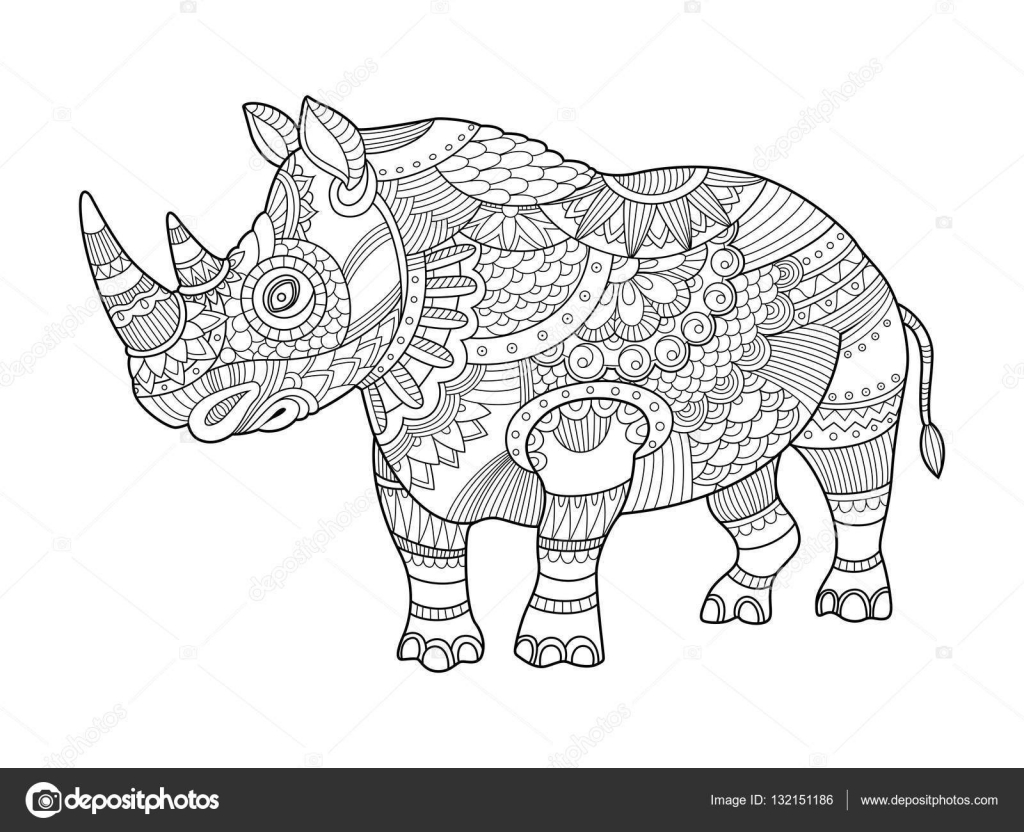 Rhinocéros Coloriages pour vecteur adultes — Image vectorielle Rhinoceros Coloriages pour adultes vector illustration Anti stress coloriage pour adulte Pochoir de tatouage Zentangle style Lignes noir et blanc