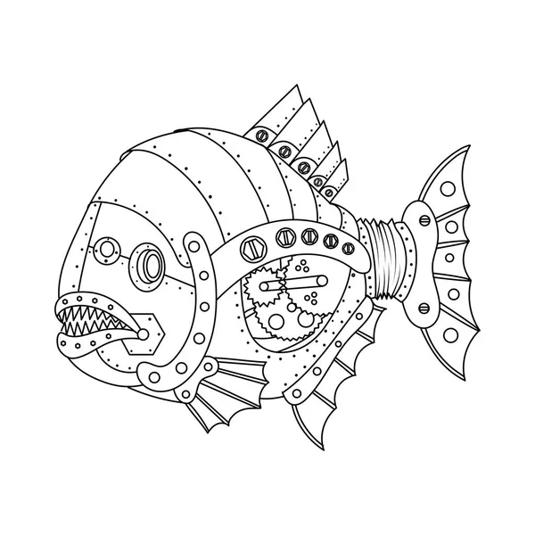 Steampunk style piranha fish coloring book vector — Stock Vector