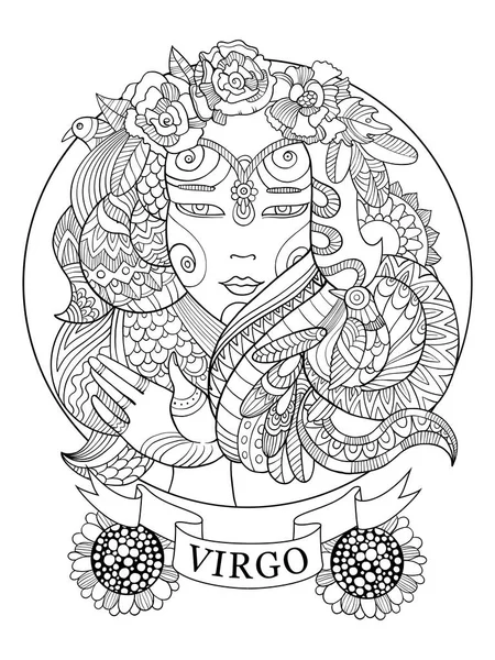 Virgo signo del zodíaco libro para colorear para adultos vector — Archivo Imágenes Vectoriales