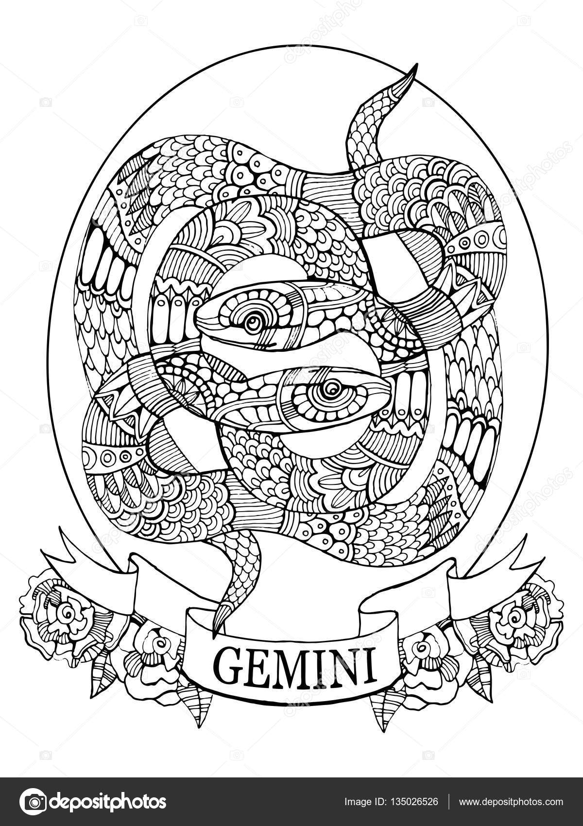 Download Gemini zodiac sign coloring book for adults vector — Stock Vector © AlexanderPokusay #135026526