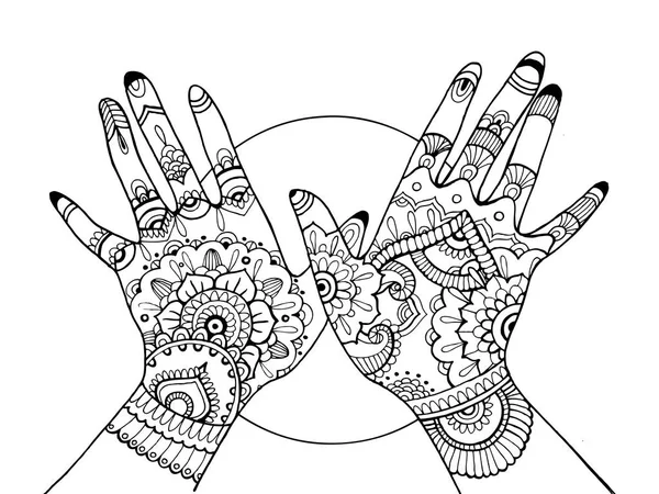 Hands with mehndi drawing coloring book for adults — Stock Vector