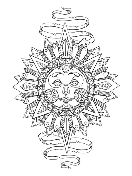 Sun with face drawing coloring book for adults — Stock Vector