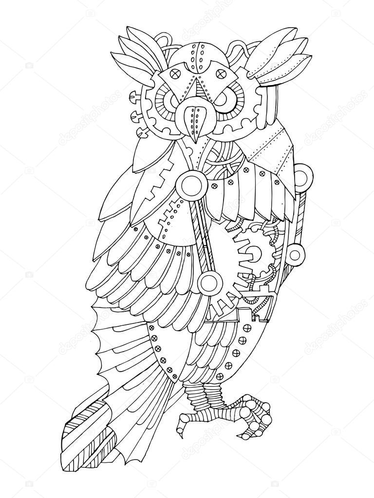 Steampunk style owl coloring book vector — Stock Vector