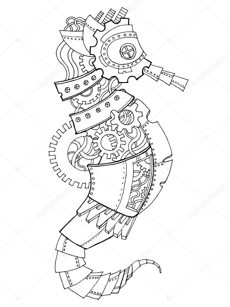 Steampunk style sea horse coloring book vector — Stock Vector