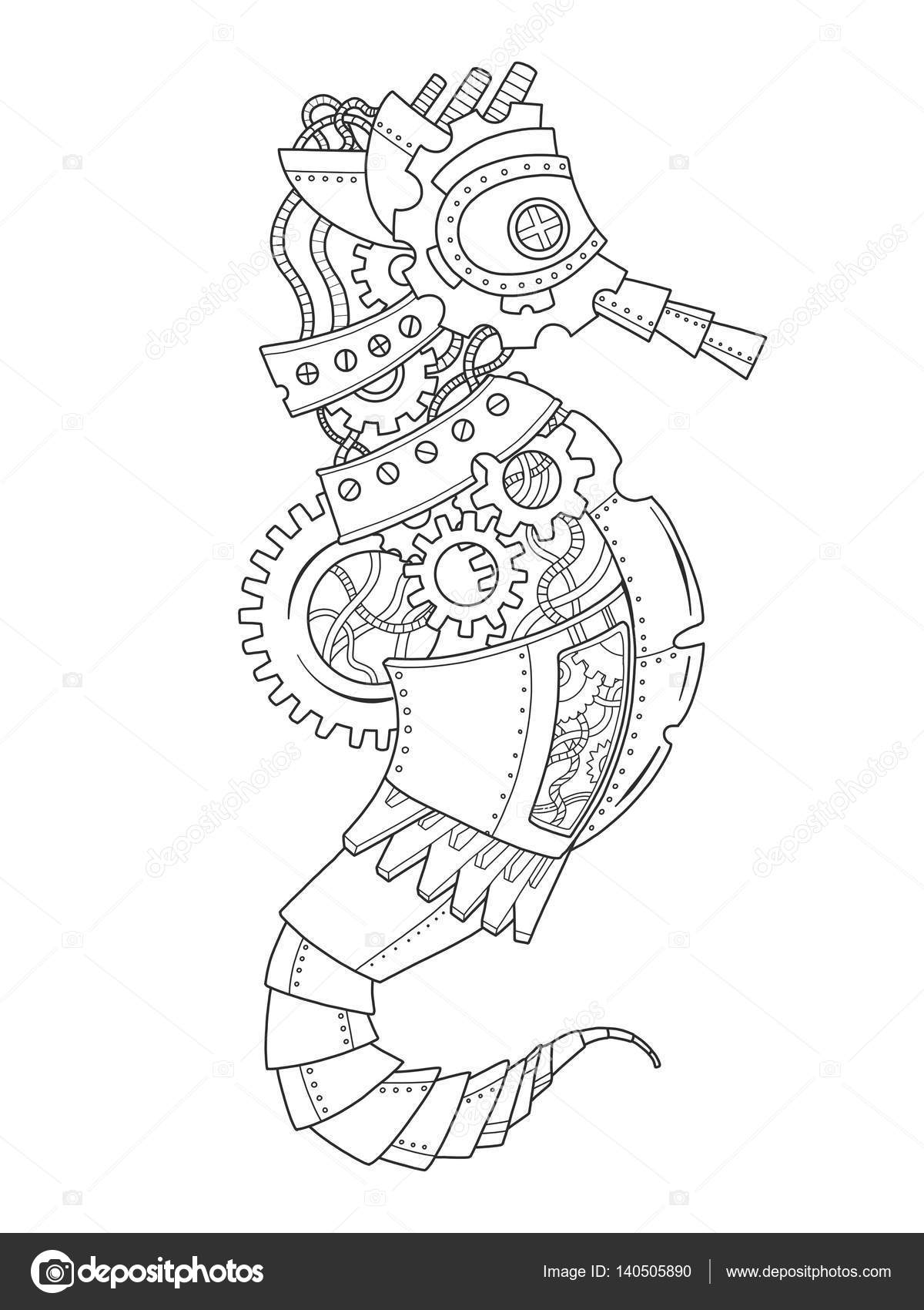 Cheval de mer de style steampunk Animal mécanique Illustration de vecteur pour le livre Coloriage — Vector by AlexanderPokusay