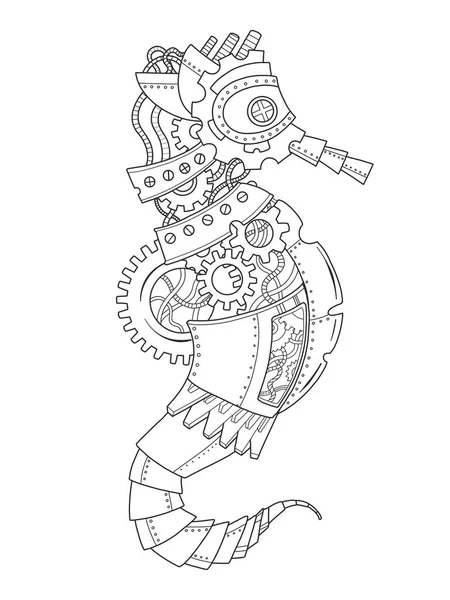 Steampunk style cheval de mer coloriage livre vecteur — Image vectorielle