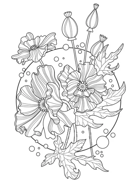 罂粟花朵着色书矢量图 — 图库矢量图片