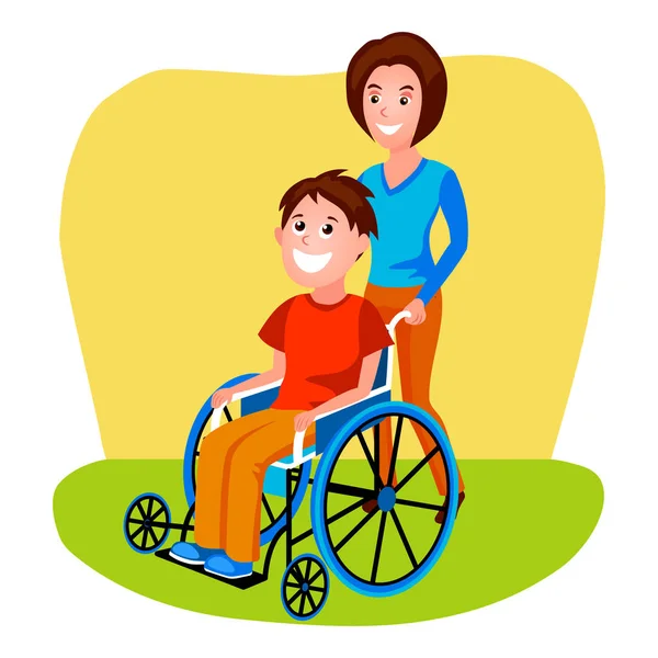 Žena pomáhá zakázán osoby v invalidním vozíku vektoru — Stockový vektor
