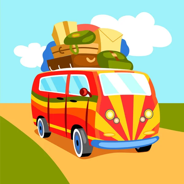 Reizen met minibus cartoon vectorillustratie — Stockvector