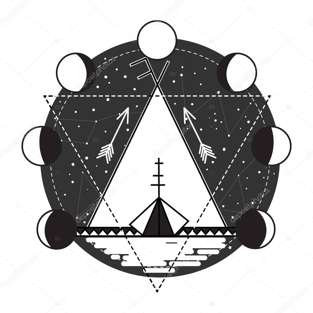 Wigwam tribal abstract tattoo design vector illustration. Stars in night sky