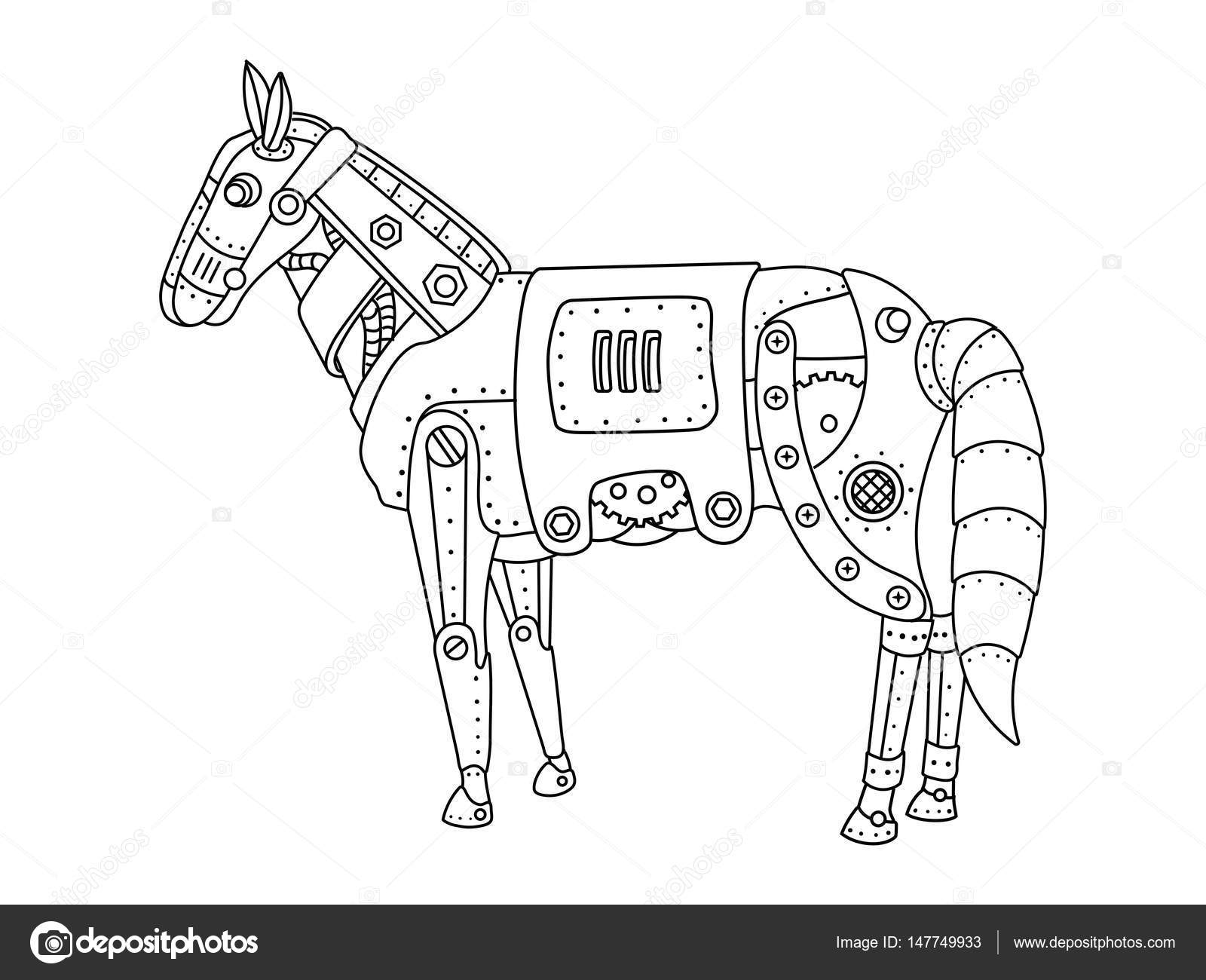 Cavallo di stile punk a vapore Meccanica animale Illustrazione di vettore del libro da colorare — Vettoriali di AlexanderPokusay