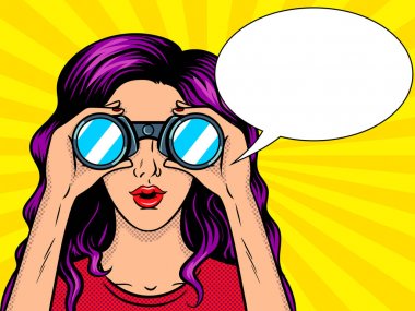 Kadın dürbün pop sanat vektör üzerinden görünüyor