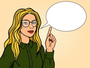 Kız konuşmak ve işaret parmağı ile pop sanat vektör gelin