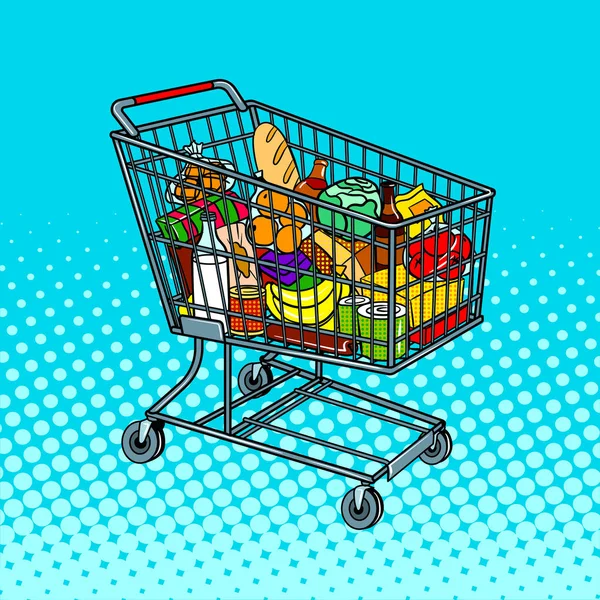 Carrinho de compras com produtos alimentares pop art vector — Vetor de Stock