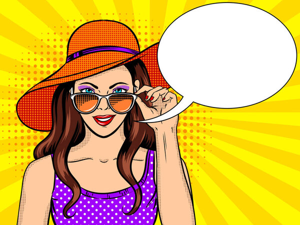 Woman looks through sunglasses pop art vector