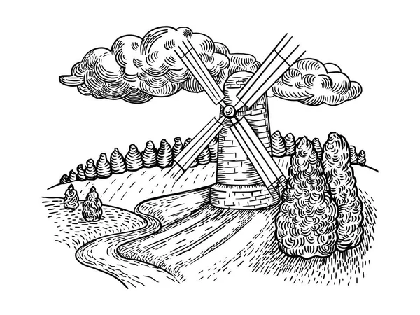 風車の国風景彫刻スタイル ベクトル — ストックベクタ