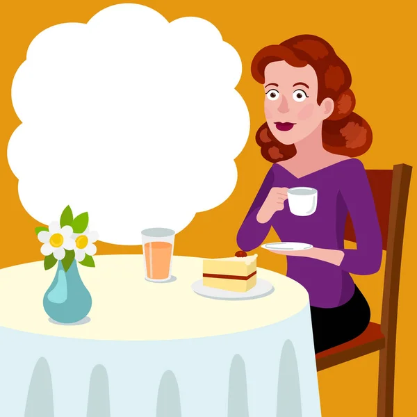 Mujer en una mesa en un café vector de dibujos animados — Archivo Imágenes Vectoriales