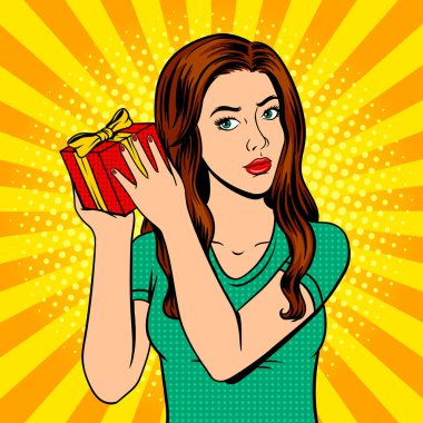 Hediye kutusu pop art vektör çizim ile kız
